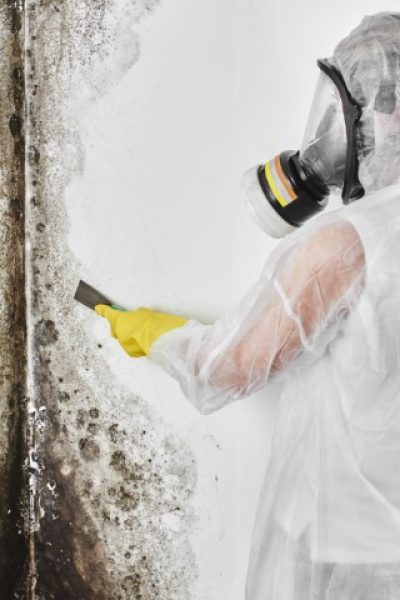A Professional Disinfector In Overalls Processes The Walls From Mold With A Spatula. Removal Of Black Fungus In The Apartment And House. Aspergillus.
